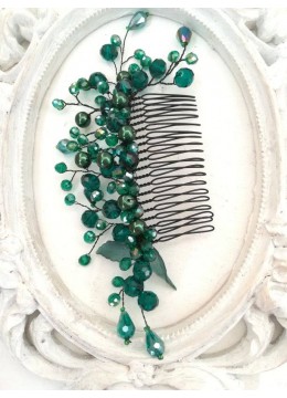 Украса за коса - гребен с кристали Сваровски в в тъмно зелено Emerald Rose by Rosie